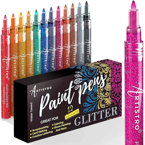 Feutres à Paillettes Pour Peinture sur Roche, Pierre, Céramique, Verre, Bois, Tissu, Scrapbooking, Bricolage, Cartes, Coloriage. Lot de 12 Marqueurs Acryliques à Paillettes à Pointe Extra-Fine 0,7 mm