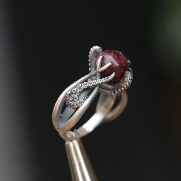 Garnet Octopus 925 Silver Ring, Octopus Handmade Oxidized Silver Ring, Men Garnet Ring, Garnet Handmade Ring, Men Alternative Ring, Love