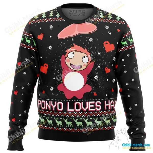 Ghibli Ponyo Loves Ham Ugly Christmas Sweater - Ghibli Merch Store - Official Studio Ghibli Merchandise