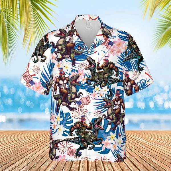 Bigfoot Riding Dinosaur Aloha Hawaiian Shirt
