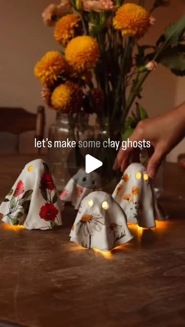 Sibia Torres Padilla | DIYs on Instagram: "You’ll needAir dry clayA small jarA balled up foil or ping pong ballA straw to make the eyes mod podgeAnd a pretty napkinWe started by rolling out the clay and draping it over our jars, made eyes with the straw and let them harden overnight.Maybe sure you don’t press your clay too tightly or you won’t be able to remove the foil/ping pong ball, We carefully removed them from the mold,brushed on mod podge and cut up a pretty napkin. I added the napkin cutouts and brushed on more mod podge to seal them in.Then we added our lights.It’s very important that you only use battery operated tea lights or fairy lights"