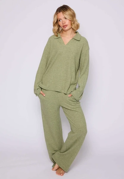 Loungeable COLLARED LONG SLEEVE AND FOLD OVER SET - Pyjama - khaki/kaki - ZALANDO.FR