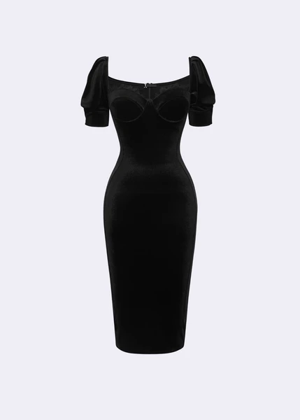 "Boleyn" Black Stretch Velvet Bustier Sheath Dress - POEM