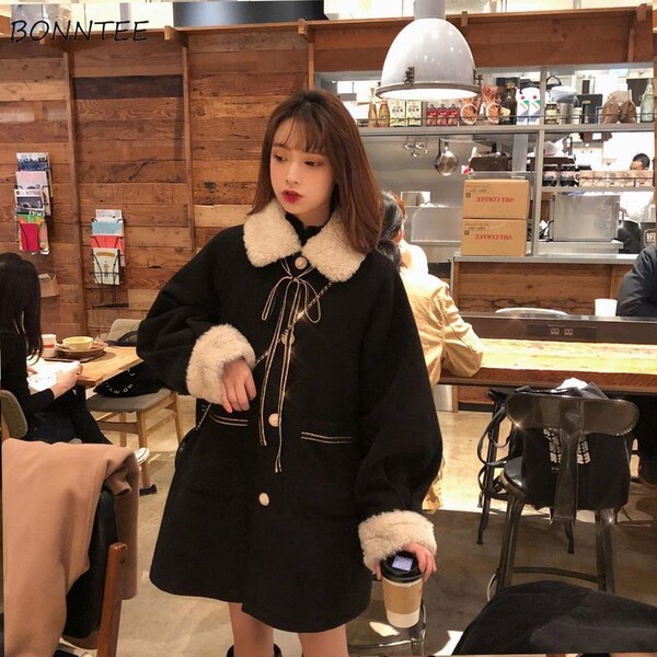 Manteau surdimensionné noir pour femmes, 2020 poches, Design, Patchwork, taille haute, chaud, Style Ulzzang Preppy
