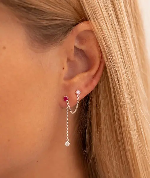 Boucle d'oreille double puces zircons roses et chaîne [à l'unité] Argent 925