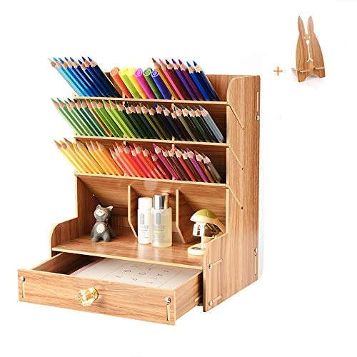 Surplex Boîte de Rangement de Bureau Grande Capacité, Organiseur de Fournitures pour Papeterie à Tiroir Multifonctionnel Porte-stylo de tiroirs de Rangement en Bois pour La Maison l'école.