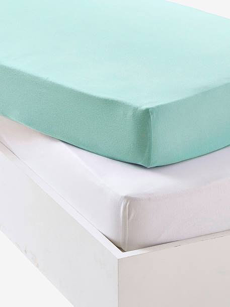 Lot de 2 draps-housses bébé en jersey extensible bleu vert + blanc
