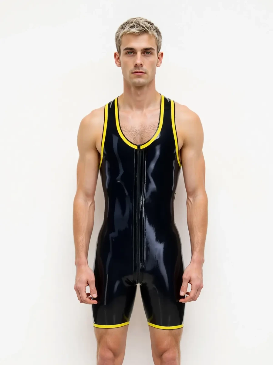 Body en latex sans manches avec fermeture éclair bidirectionnelle pour homme