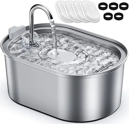 Petace 3,2 L Fontaine à Eau Chat en Acier Inoxydable, Équipée de 4 Filtres à Charbon et 5 Filtres en Mousse Remplaçables, Fontaine à Eau pour Chat Silencieuse avec Pompe 30dB