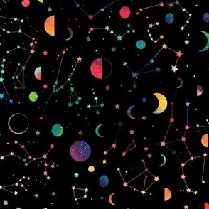 Rainbow Constellations and Moons - black Fabric | Spoonflower