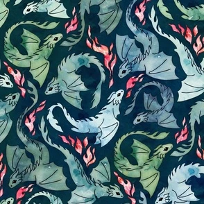 Dragon fire dark blue & green Fabric | Spoonflower