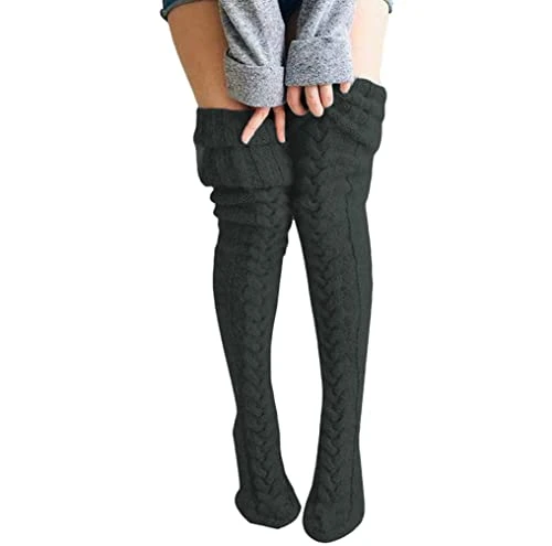 ORANDESIGNE Femme Hiver Chaud Laine Câble Tricot Chaussettes d'Hiver Chaussettes Hautes de Noël Chaussette Genou Haute Chaussettes Intérieur Accueil Chaussettes Longues Gris foncé-85cm