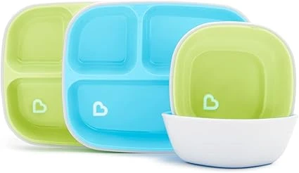 Munchkin Splash Lot de 4 Pièces avec Assiettes à Compartiments et Bols, Set d'Apprentissage Repas pour Bébés avec 2 Assiettes et 2 Bols, Vaisselle Enfant dès 6 mois, Plastique sans BPA - Bleu/Vert