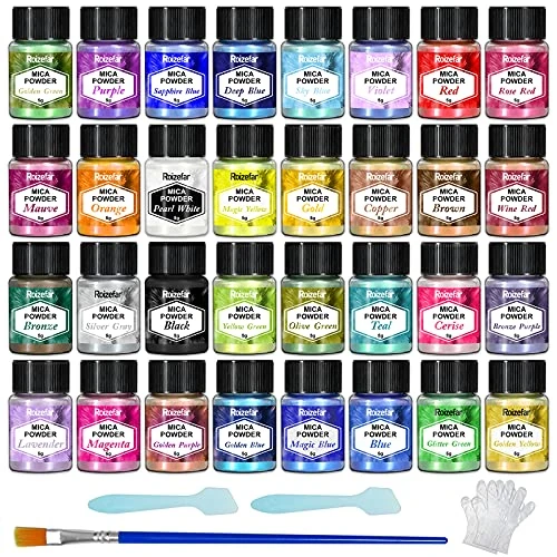 Roizefar Poudre de Mica - Pigment Résine époxy 32 Couleurs, Colorant de Savon, Colorant en Poudre Métallique pour La Fabrication de Bijoux, Bombes de Bain(5g Par Bouteille)
