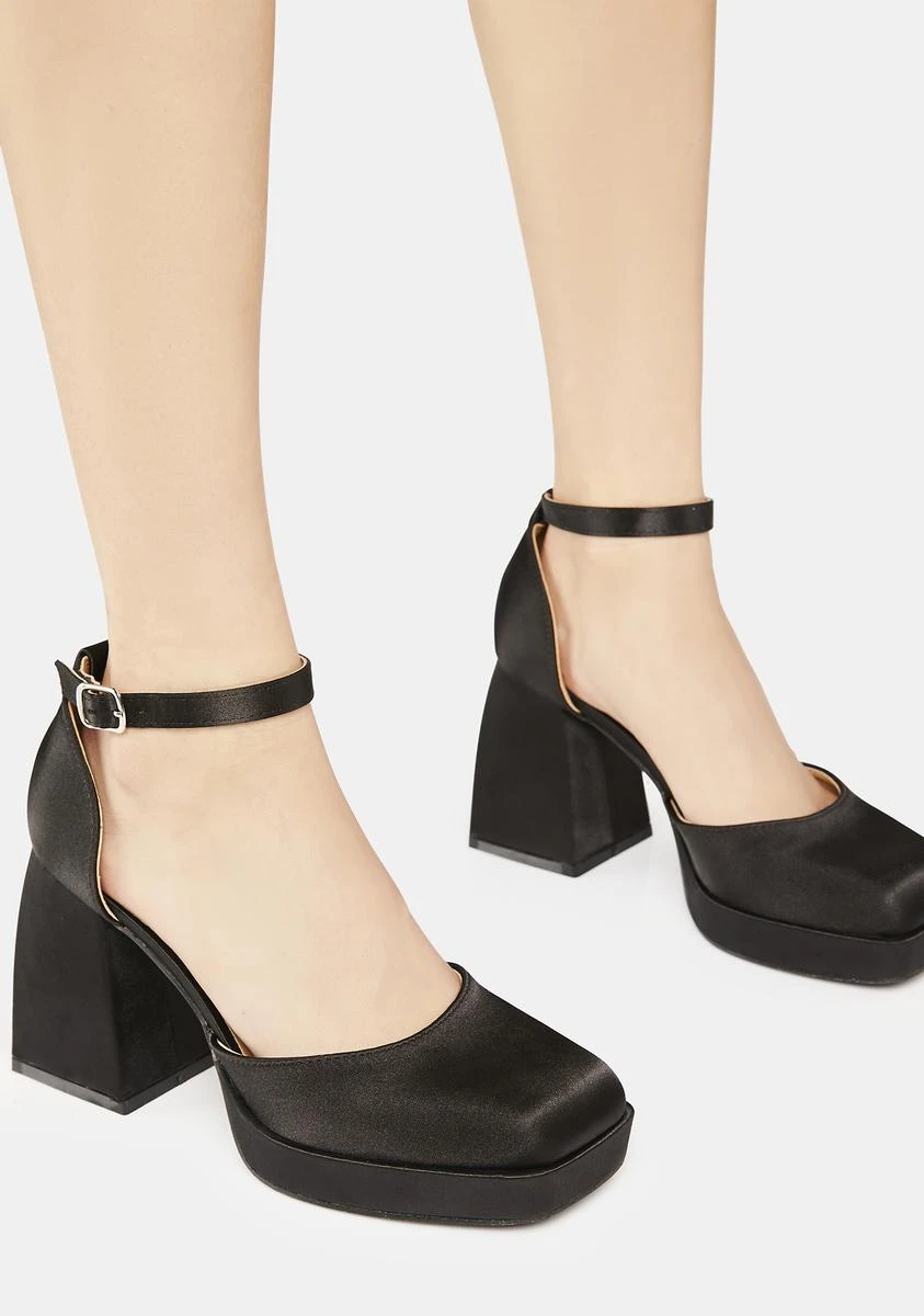 Satin Block Heels - Black