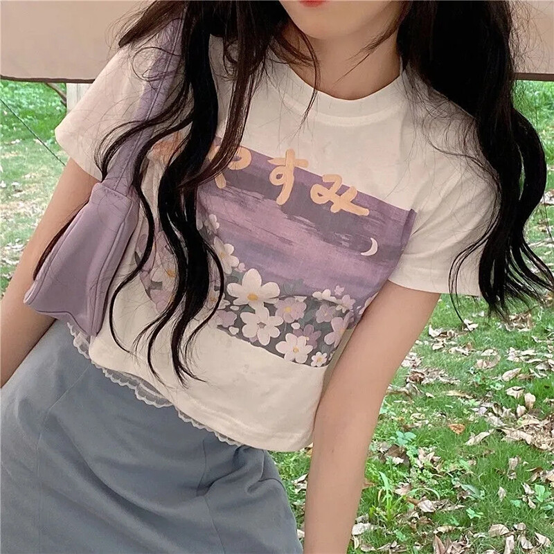 Top court Vintage imprimé de fleurs violettes pour femmes, Streetwear des années 90, Y2K, Harajuku, amusant, japonais, Kawaii, été