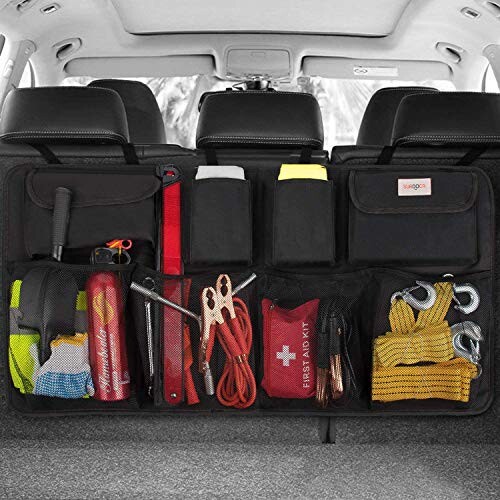 Organisateur de voiture rangement voiture - SURDOCA® 3ème gène [super capacité] organiseur voiture, équipé de [elastic net &amp; 4 Bâton magique] coffre rangement voiture, voiture rangement, Noir
