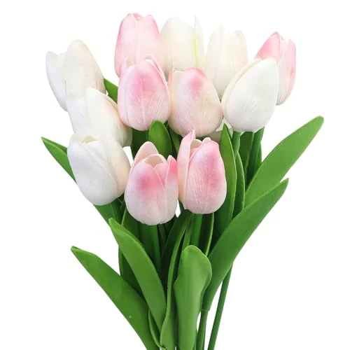 EASYKEENECOM Lot de 12 Tulipes Artificielles avec 2 Couleurs Fleurs Faux Fleurs Tulipes en Latex Real Touch pour Fête Maison Décoration De Mariage et DIY Décor (Blanc & Rose)