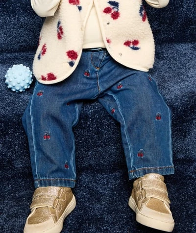 Pantalon droit bébé fille denim imprimé cerises