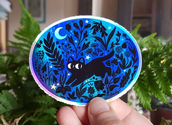 Sticker holographique chat noir - « Nuit d'été » - joli cadeau pour les amoureux des chats