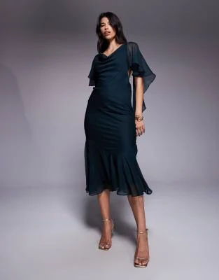 ASOS DESIGN - Robe longue avec col bénitier et ourlet à volants - Vert foncé