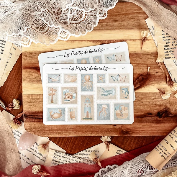 Petite planche de stickers timbres Eté à la plage