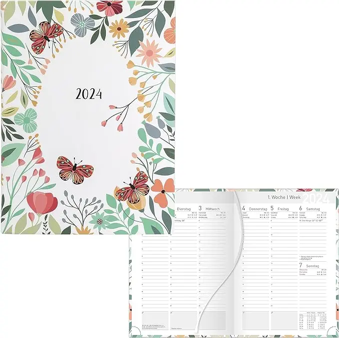 Idena 11025 Agenda semainier 2024, Flower Wearth, format A6, 128 pages, couverture rigide, agenda, agenda