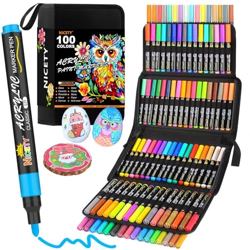 NICETY 100 Couleurs Feutre Acrylique - Pointe Moyenne de 3 mm - Marqueurs de Peinture pour Roche, Verre, Bois, Porcelaine, Céramique et Tissu - Stylos Acryliques à Base d'Eau