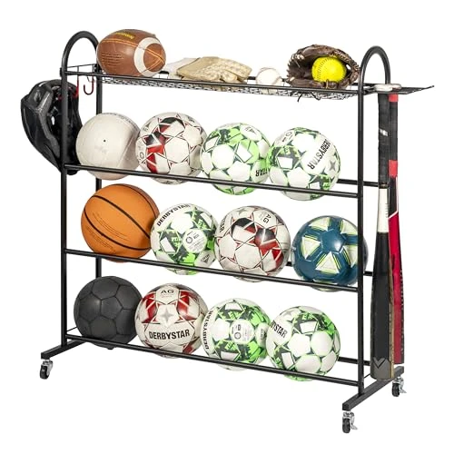 eluno Support de rangement pour ballon de sport avec étagères solides, support de batte de baseball et crochets, pour ranger les ballons de football, volley-ball, basketball, handball en acier noir