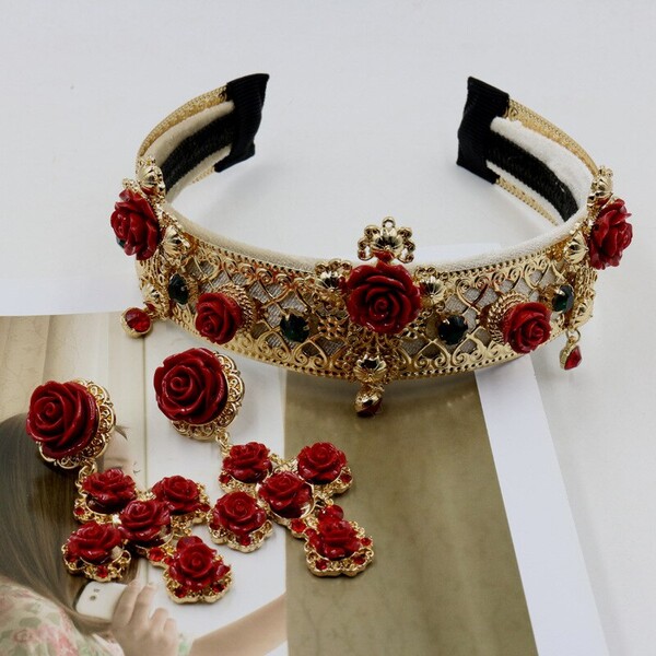 Couronne de bandeau Baroque plus large que le vintage, en métal, croix rouge, fleur de vent, diadème, accessoires de mariée, 735