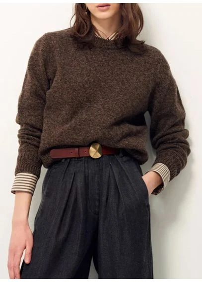 Pull droit col rond en laine mérinos | Marron