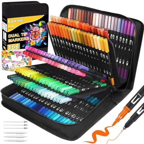 Lyuvie 158 Stylos Feutres Coloriage Adulte- Feutre Double Pointe Feutre Aquarelle Pinceau Marqueurs avec Etui Noir pour Enfants Coloriage Dessin Lettrage Esquisse Pâques Noël