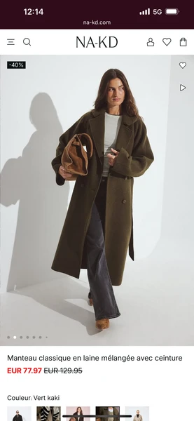 Manteau classique en laine mélangée avec ceinture Vert