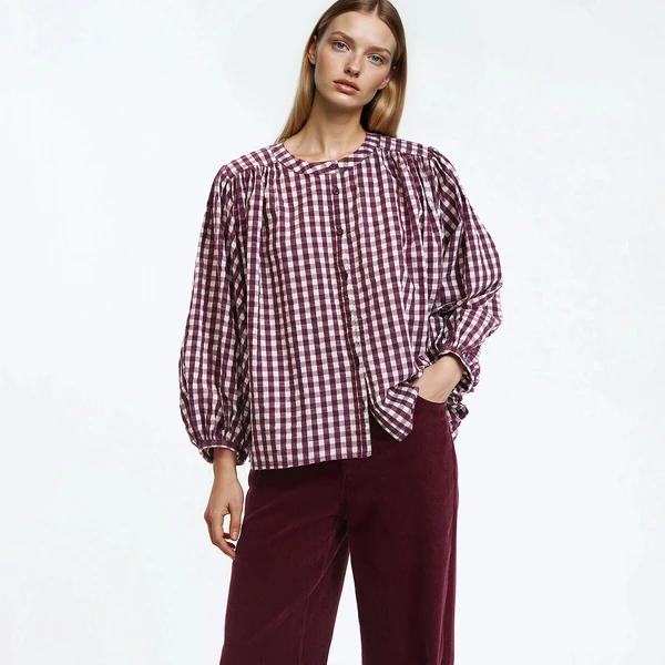 Chemise col mao, à carreaux, manches 3/4