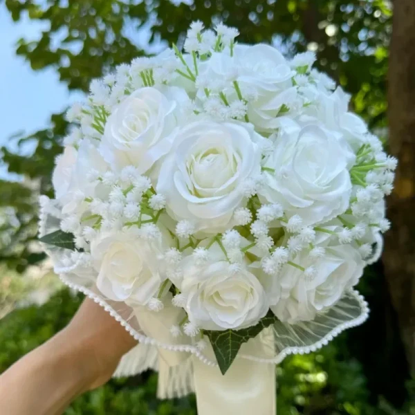 Wedding Bouquets for Bride Babysbreath Rose Bridesmaid Bouquets Silk Ribbon Valentine's Day Decoration Pearl Lace Mesh Ball Gift - AliExpress 320