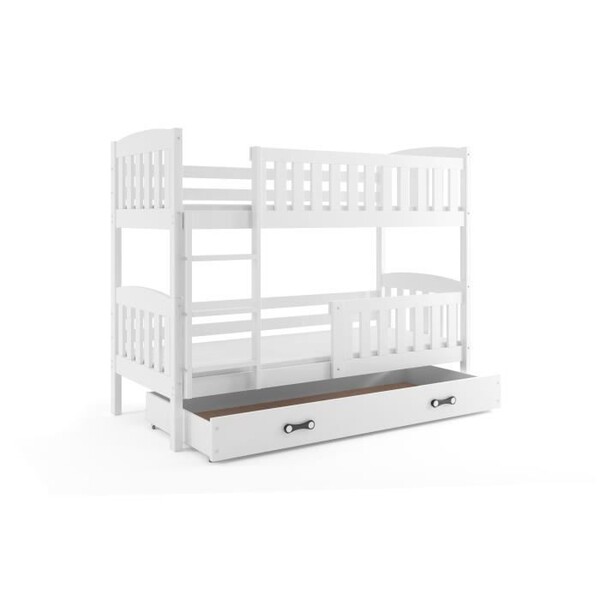 Lit superposé QUBA 190x90 avec matelas sommiers et tiroir en BLANC+BLANC