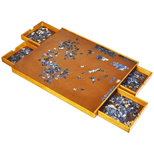 GOPLUS Puzzle Table en Bois avec 4 Tiroirs pour Stockage, Plateau Puzzle Board Jeu de Société Équipé Panneaux Latéraux, Tableau de Puzzle Transportable Surface Lisse Pas d’Espace Occupé, Couleur Bois