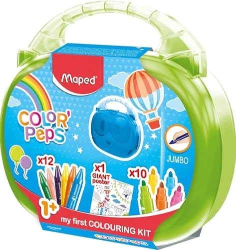 Maped Color'Peps Malette de Coloriage pour Bébé et Enfant dès 1 an – Kit Premier âge avec 10 Feutres Jumbo + 12 Craies de Cire Jumbo + 1 Poster Géant à Colorier