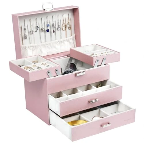Dajasan Boite a Bijoux Femme, Boîte à Bijoux, Grande Boite Bijoux, Boite Cadeau Bijoux pour Saint Valentin, Noël, Nouvel An, Fête des Mères (Rose)