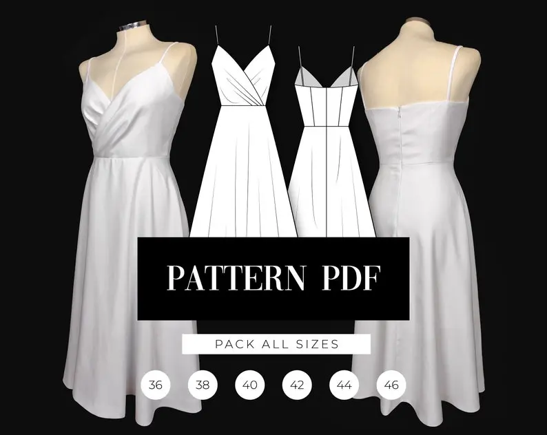 Patron de robe mi-longue A-line | Robe de bal plissée Patron PDF | Robe effet portefeuille | Modèle de robe de demoiselle d'honneur sans manches | Tutoriel vidéo de couture