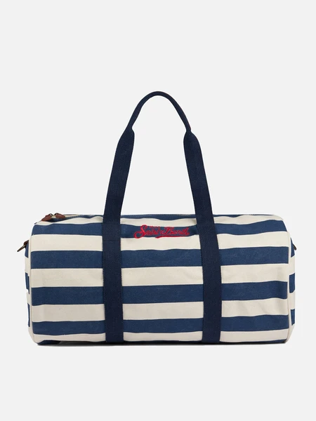 Navy Blue and White Stripes Cotton Travel Duffel Bag with Saint Barth Embroidery | 100% Cotton | MC2 Saint Barth