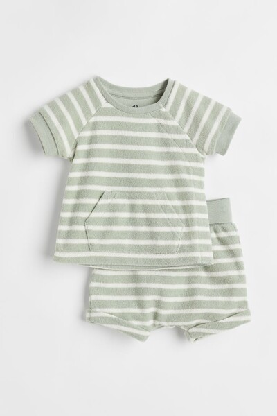 Ensemble 2 pièces en tissu éponge - Vert clair/rayé - ENFANT | H&M BE