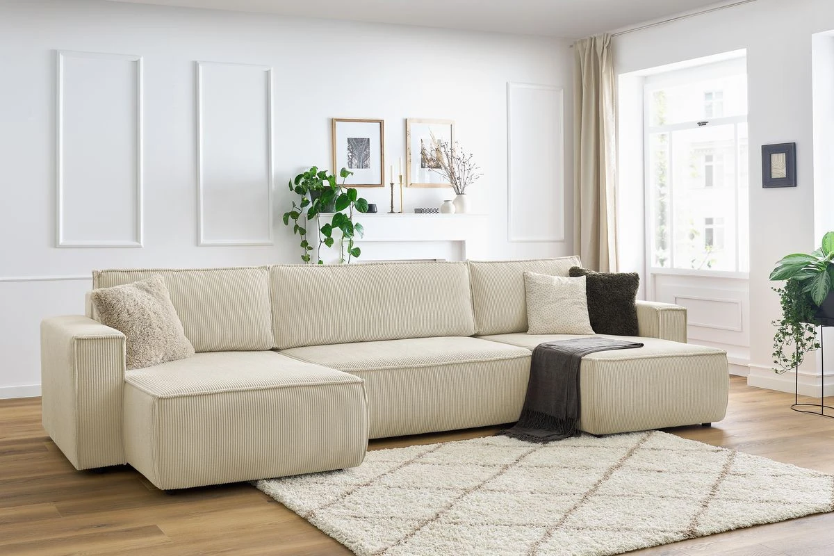 Canapé panoramique convertible coffre NIHAD velours côtelé | BOBOCHIC