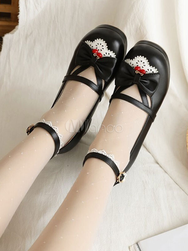  Chaussures Lolita douces arcs cerise bout rond en cuir PU chaussures Lolita