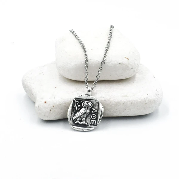 Greek coin necklace on stainless steel chain, Owl of Athena, Greek Gifts, Unisex