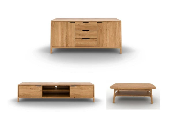 Ensemble SOLENE avec buffet 140 cm + meuble TV 200 cm + table basse 100 cm chêne massif | BOBOCHIC ®