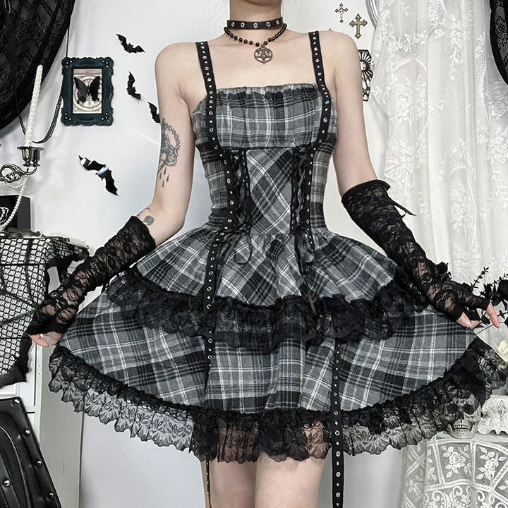 Plaid lace hem lace up cami mini dress