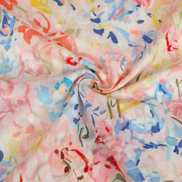 Tissu coton brodé pois à motif aquarelle florale multicolore | Pour couture d'habits léger