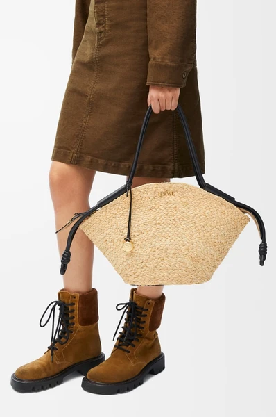 Petit panier Paseo en raphia et cuir de veau nappa Beige - LOEWE