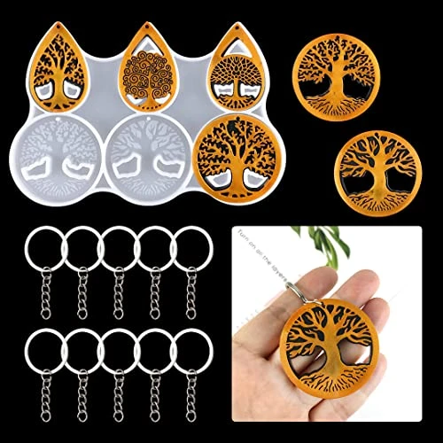 Zayookey Porte-clés Moule de Résine, Arbre de la Vie Moules en Silicone, Keychain Resin Mold Pendentif Coulée en Résine époxy avec Trou avec 10 Porte-Clés pour DIY Ornements, Bijoux